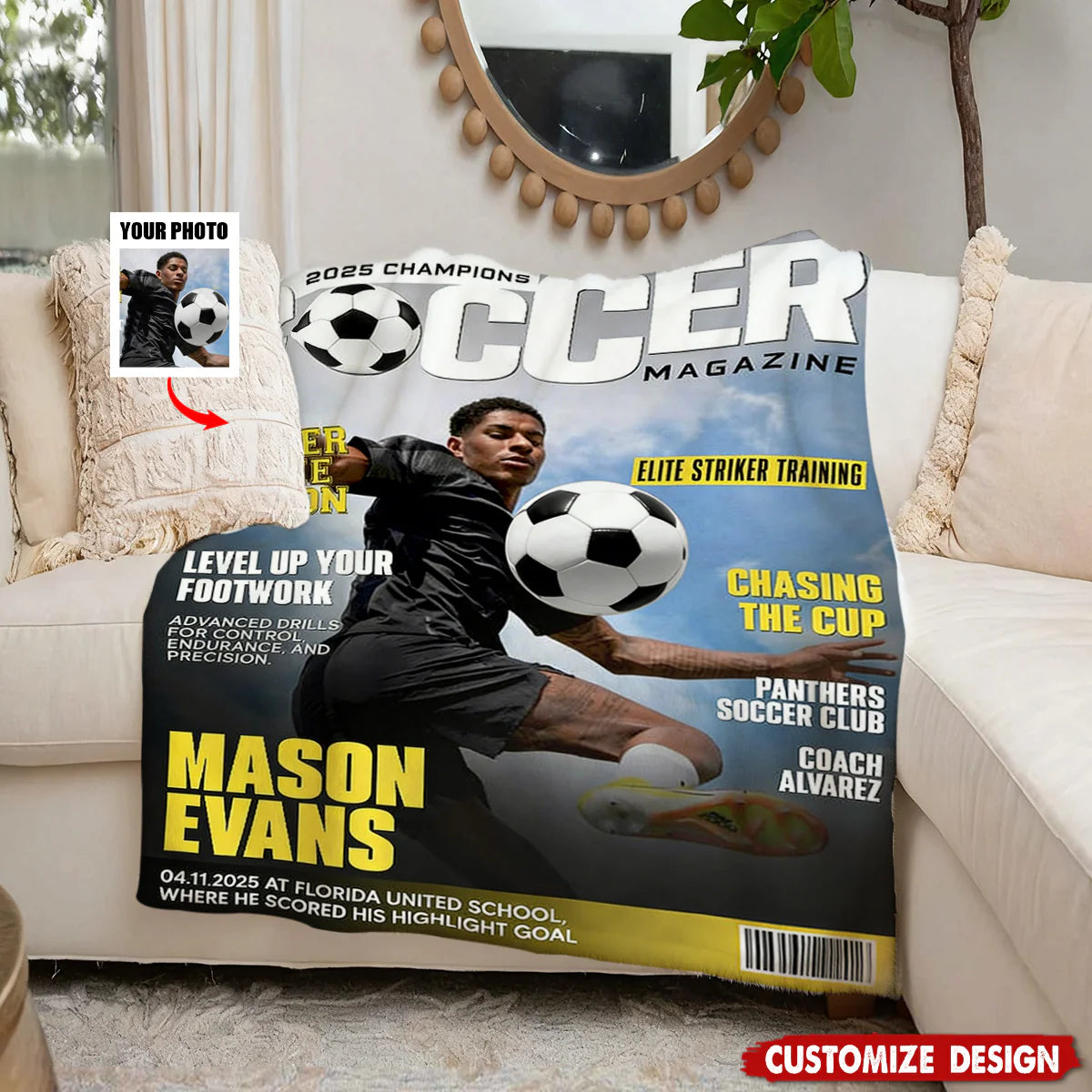 Personalized Soccer Magazine Cover Blanket - Custom Sports Player Photo Gift