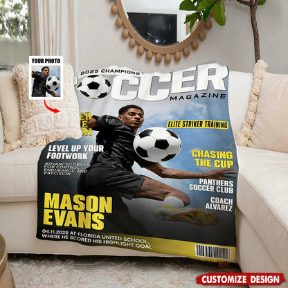 Personalized Soccer Magazine Cover Blanket - Custom Sports Player Photo Gift
