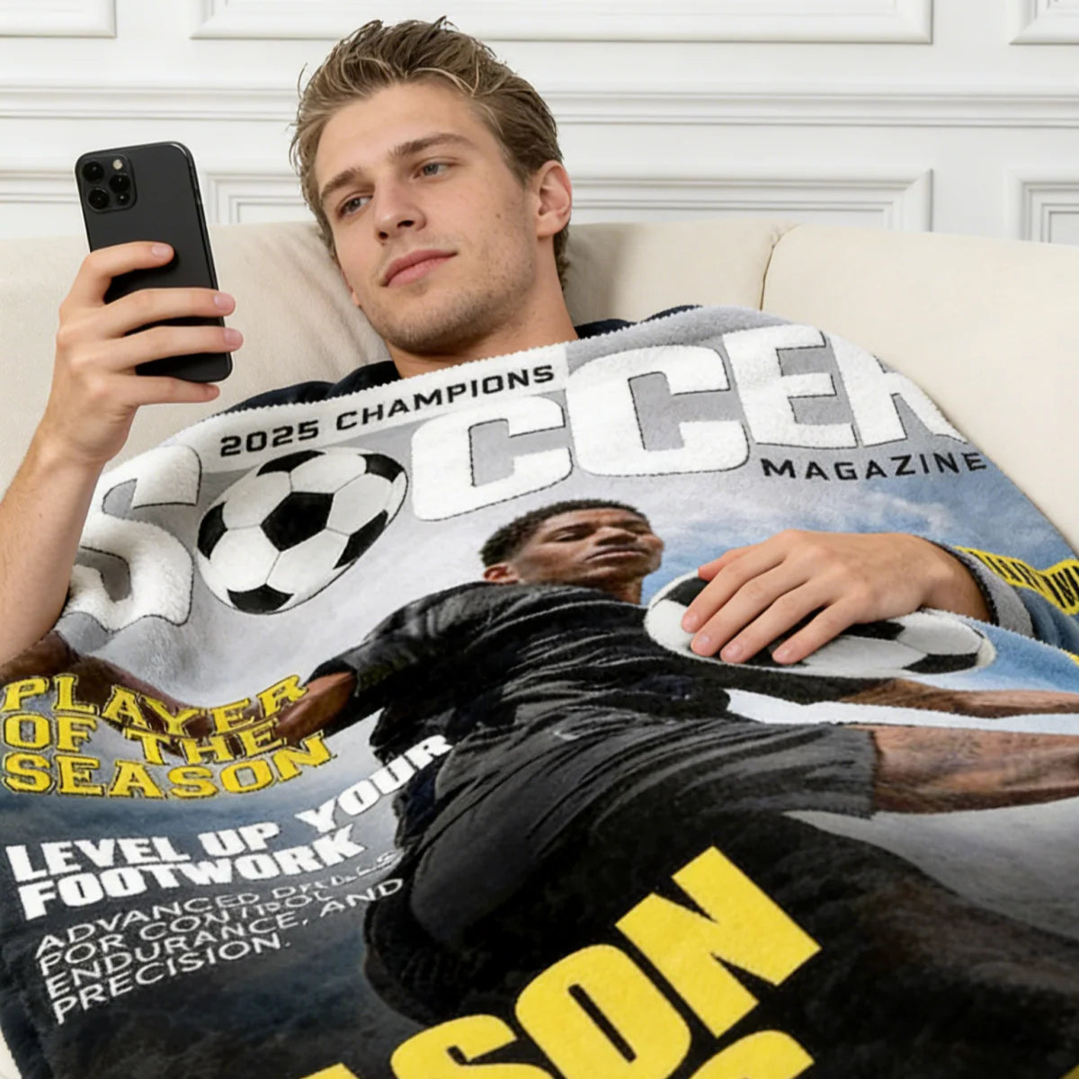 Personalized Soccer Magazine Cover Blanket - Custom Sports Player Photo Gift