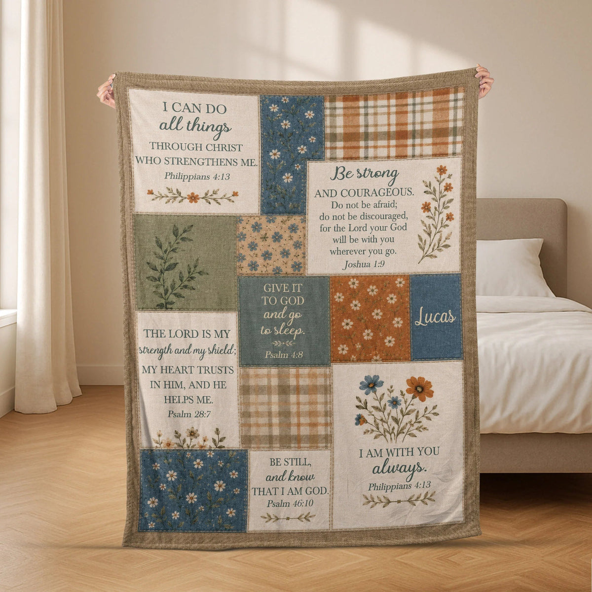 "I Can Do All Things" Personalized Bible Verse Patchwork Blanket- Custom Christian Family Comfort Gift