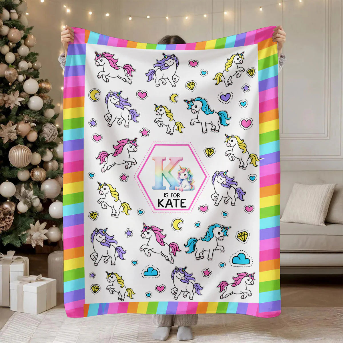 Personalized Kids Alphabet Blanket - Custom Unicorn & Construction Excavator Name Gift