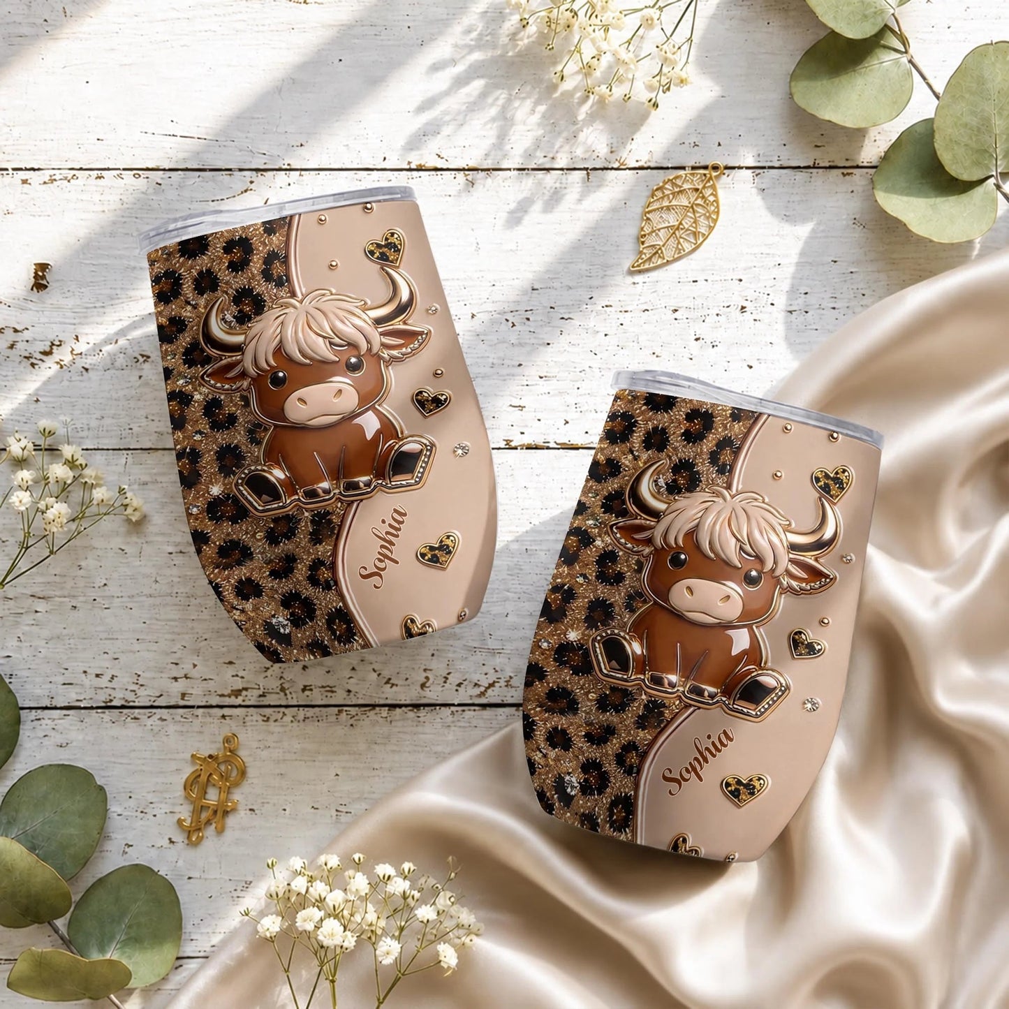 Cute Highland Cow Leopard Hearts Personalized Wine Tumbler - Custom Cow Lovers Birthday Gift