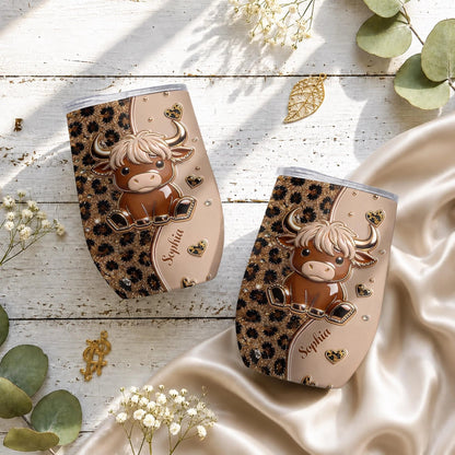 Cute Highland Cow Leopard Hearts Personalized Wine Tumbler - Custom Cow Lovers Birthday Gift