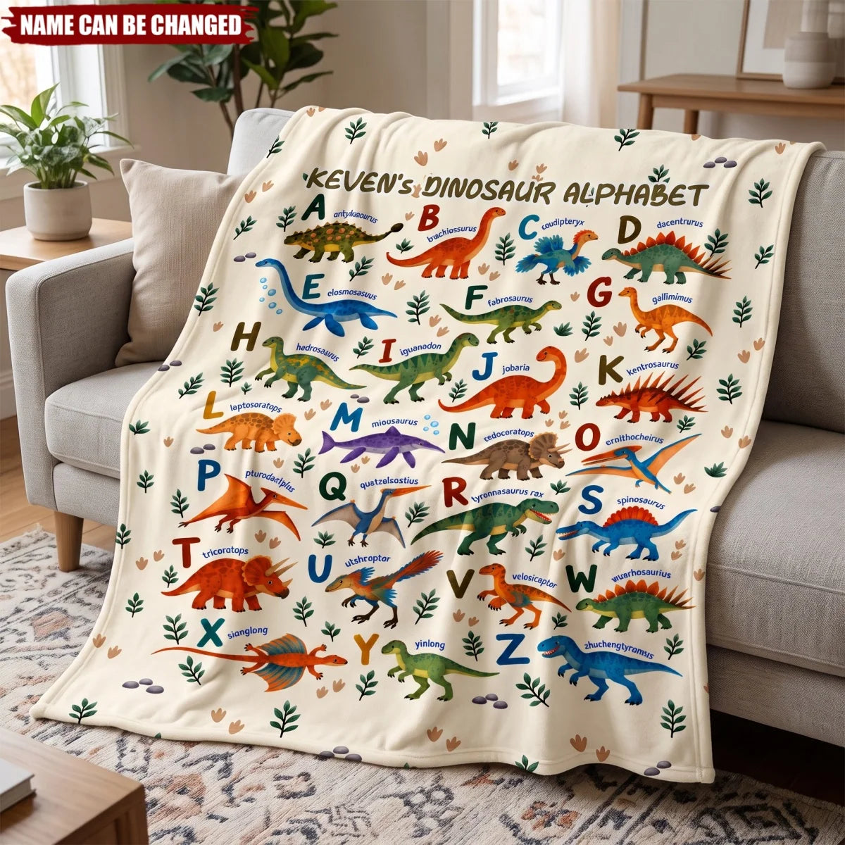 Dinosaur Alphabet Personalized Dinosaur Blanket - Custom Name Birthday Gift for Kids