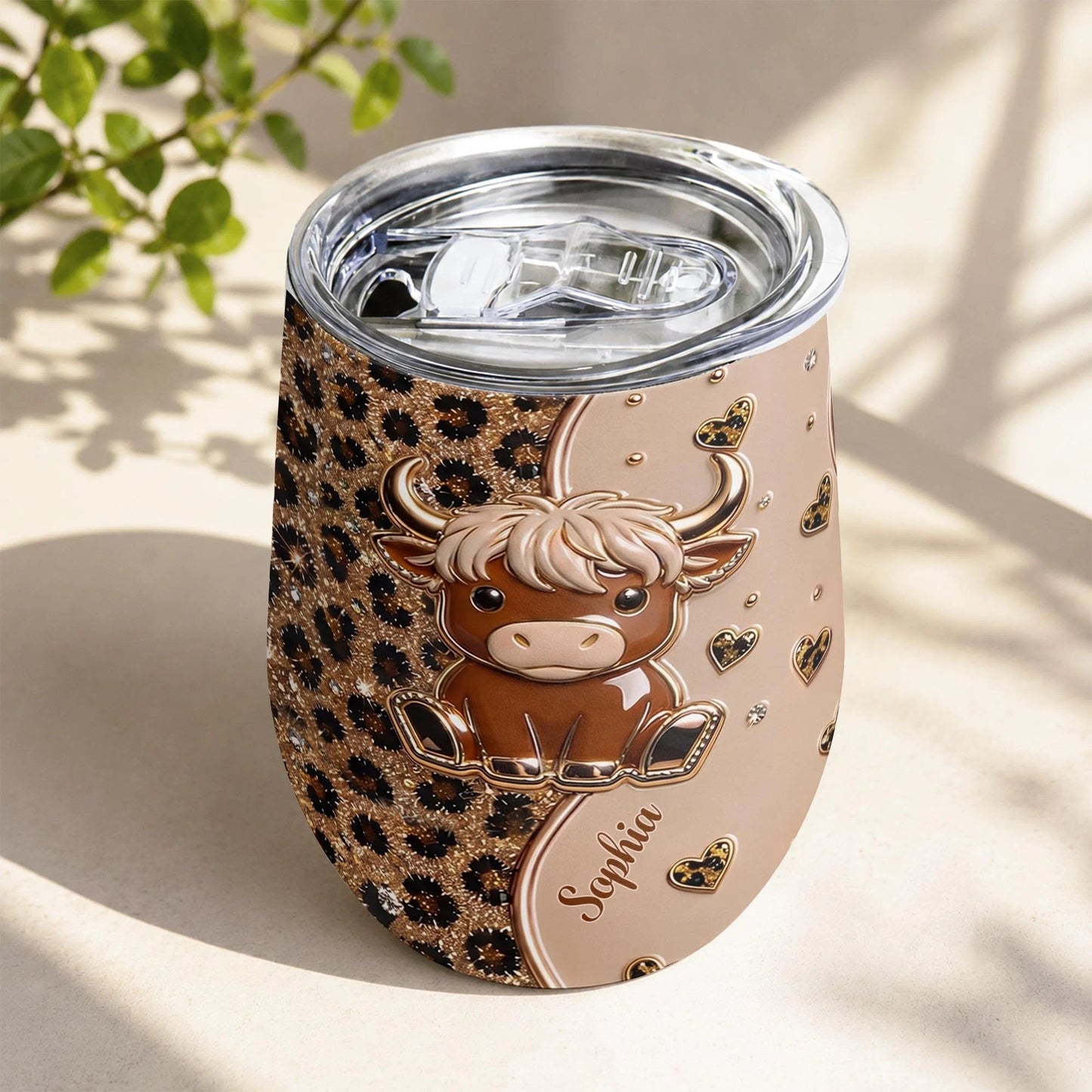 Cute Highland Cow Leopard Hearts Personalized Wine Tumbler - Custom Cow Lovers Birthday Gift
