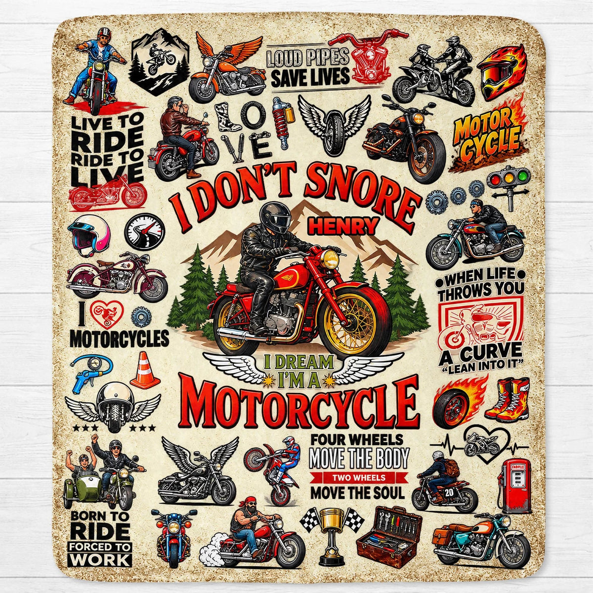 "I Don't Snore I Dream I'm A Motorcycle" Personalized Blanket - Custom Rider Gift for Biker Husband, Dad