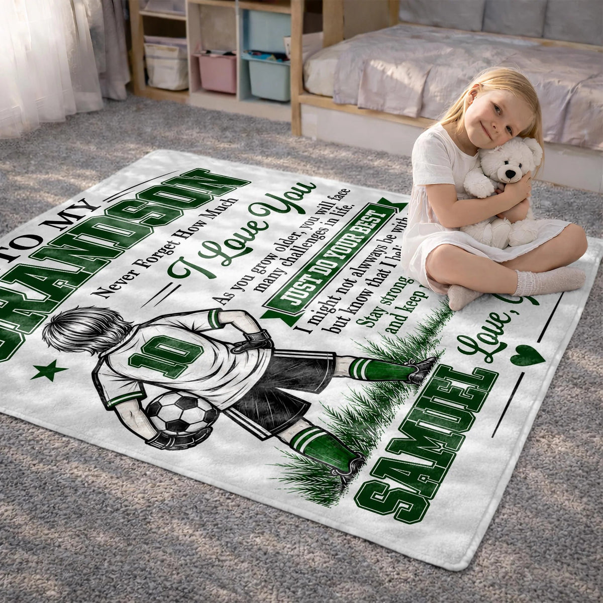 "Never Forget How Much I Love You" Personalized Soccer Blanket for Grandson - Birthday Gift from Grandma