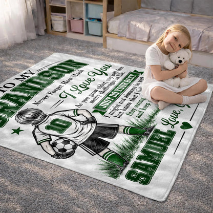 "Never Forget How Much I Love You" Personalized Soccer Blanket for Grandson - Birthday Gift from Grandma