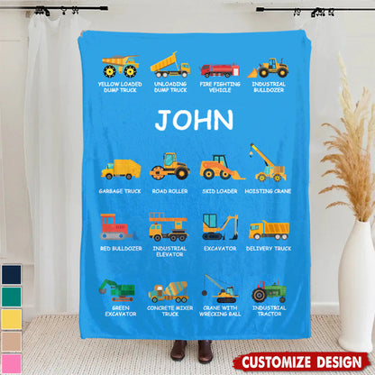 Personalized Construction Truck Blanket With Custom Name - Cozy Throw Gift for Truck Obsessed Kids