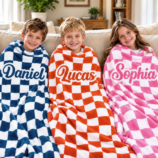 Personalized Checkerboard Throw Blanket With Custom Name, Soft Cozy Gift for Kids and Toddlers
