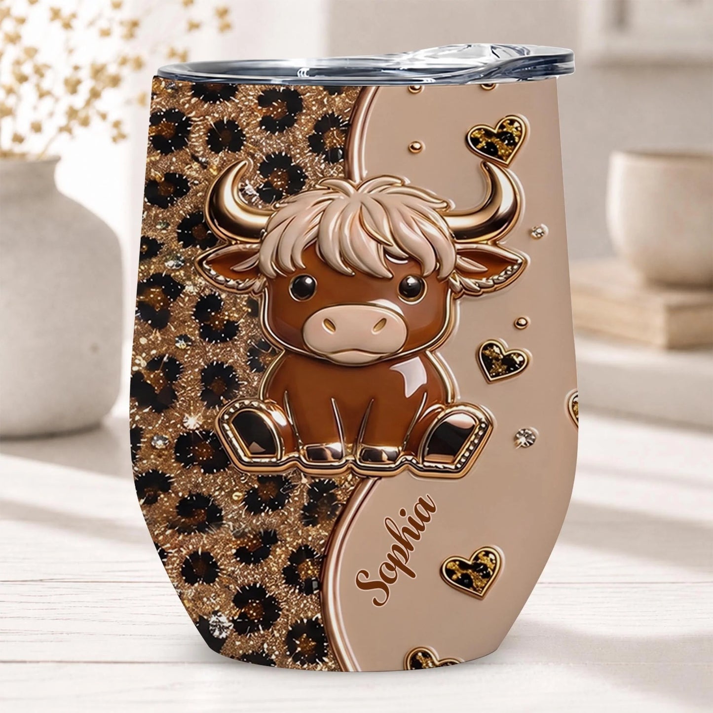 Cute Highland Cow Leopard Hearts Personalized Wine Tumbler - Custom Cow Lovers Birthday Gift