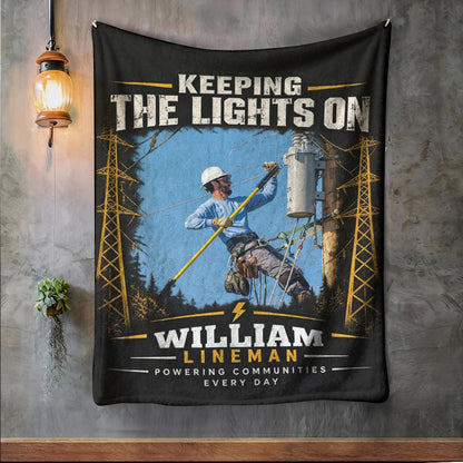 Keeping The Lights On Personalized Lineman Blanket - Custom Photo Gift for Dad or Husband