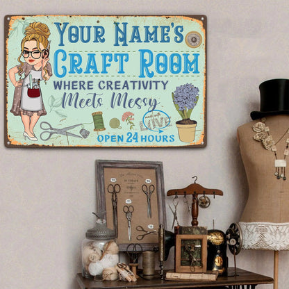 "Where Creativity Meets Messy Craft Room" Personalized Metal Sign - Custom Studio Wall Art Gift