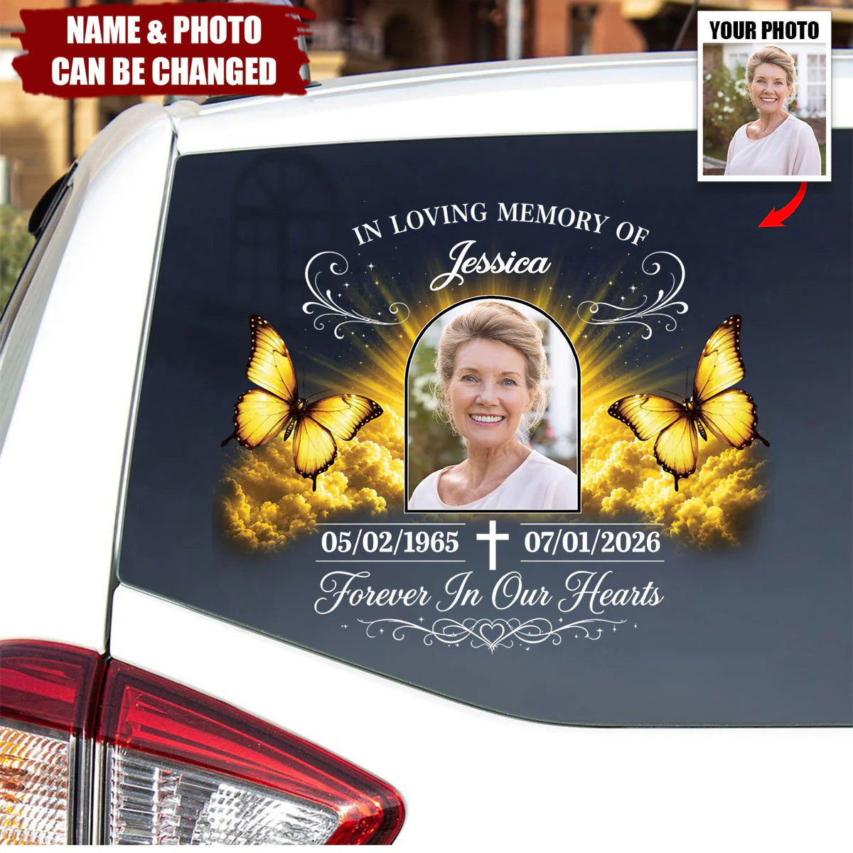 Your Love Goes Wherever I Go – Personalized Memorial Photo Car Decal, Custom Butterfly & Rainbow Remembrance Sticker