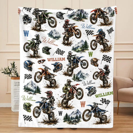 Little Rider, Big Adventures – Personalized Dirt Bike Blanket, Custom Name Motocross Gift for Young Riders