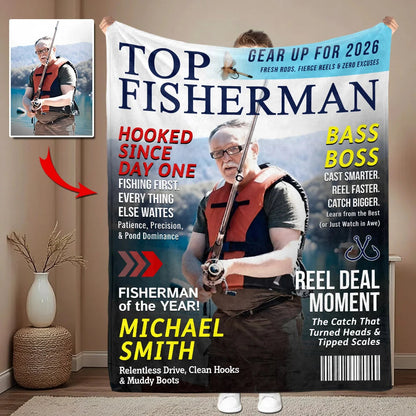 Custom Fishing Photo Blanket - Top Fisherman Personalized Throw Blanket for Dad & Grandpa