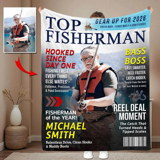 Custom Fishing Photo Blanket - Top Fisherman Personalized Throw Blanket for Dad & Grandpa