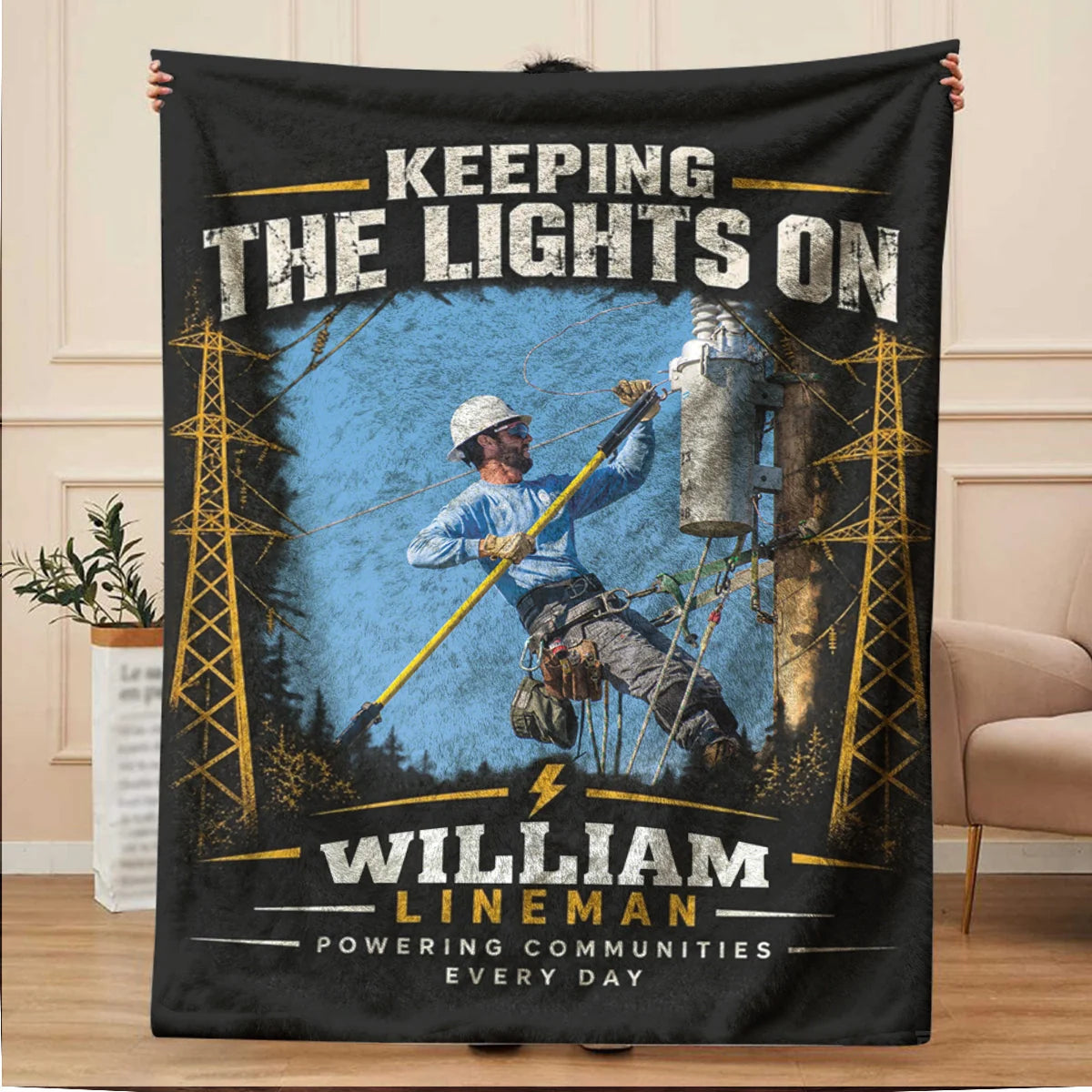 Keeping The Lights On Personalized Lineman Blanket - Custom Photo Gift for Dad or Husband