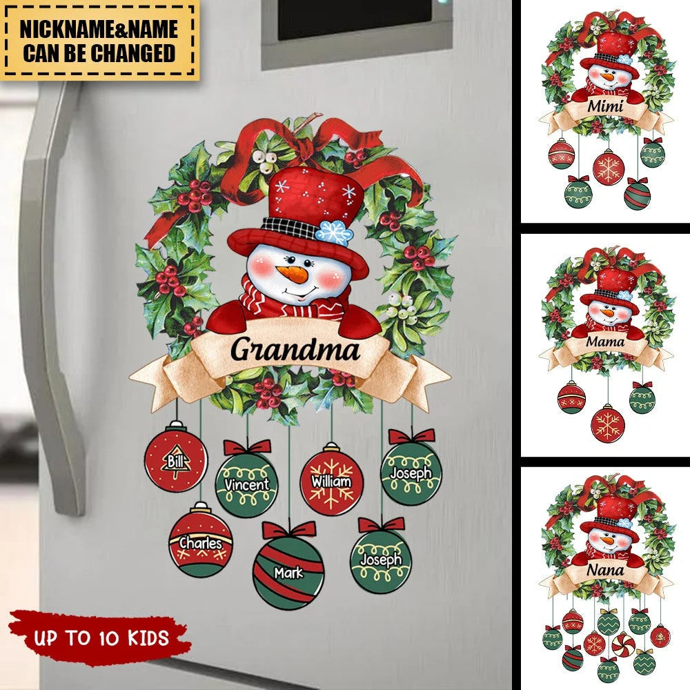 Custom Snowman Christmas Wreath Decal - Personalized Kids Ornament Sticker for Grandma