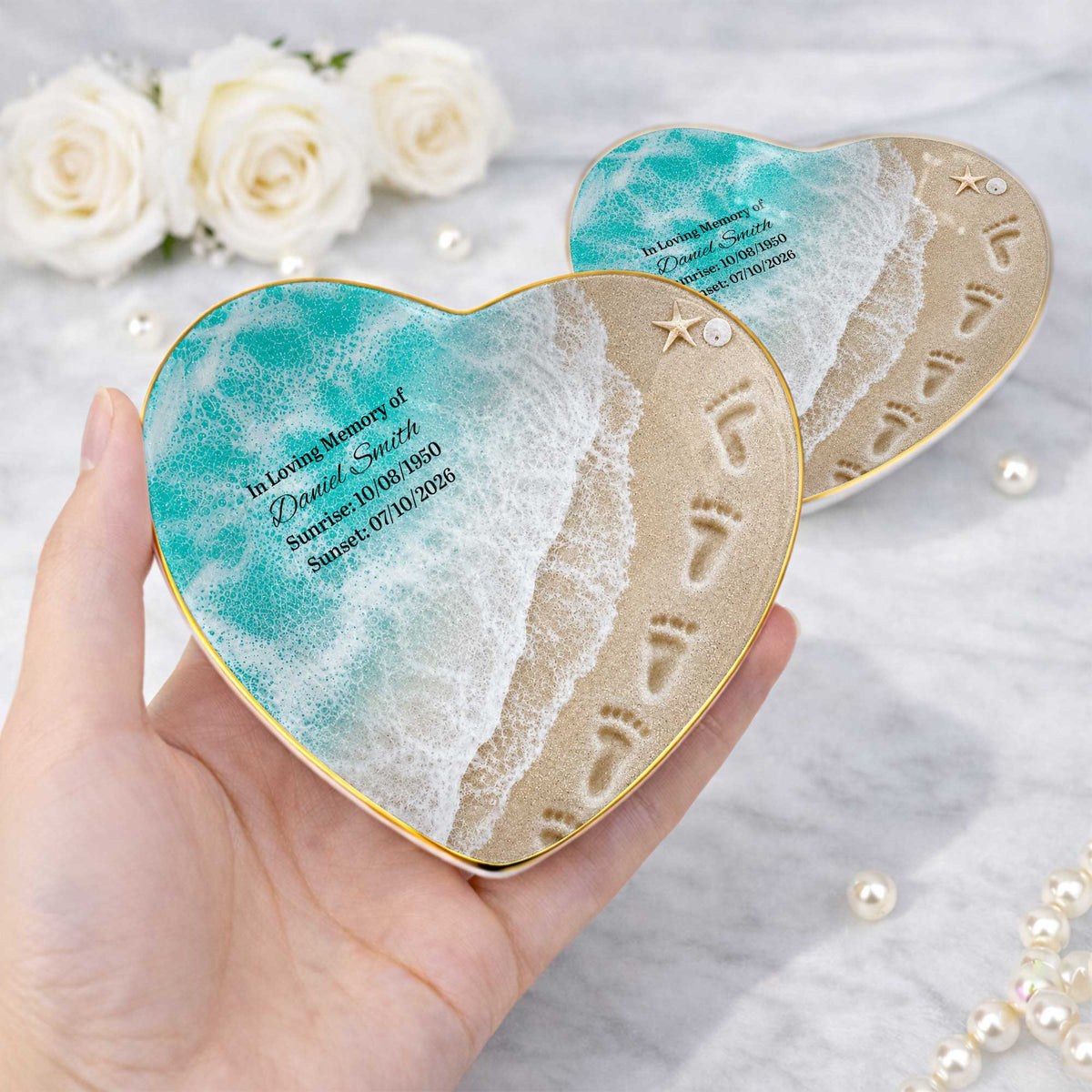 In Loving Memory Custom Jewelry Dish - Personalized Beach Ocean Heart Ring Holder Memorial Keepsake Gift for Family