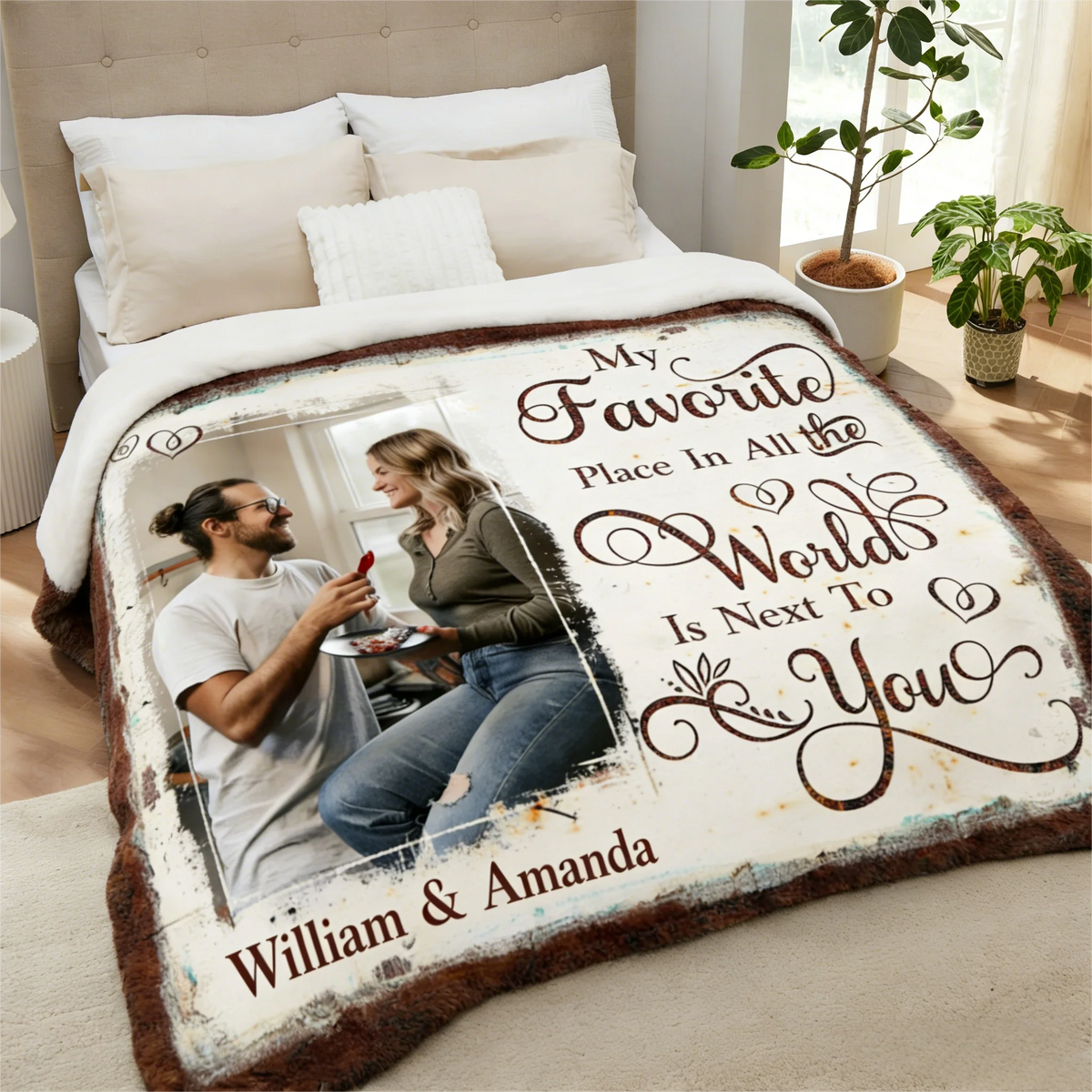 Personalized Couple Throw Blanket With Quote "My Favorite Place In All The World Is Next To You", Anniversary Gift for Boyfriend & Girlfriend