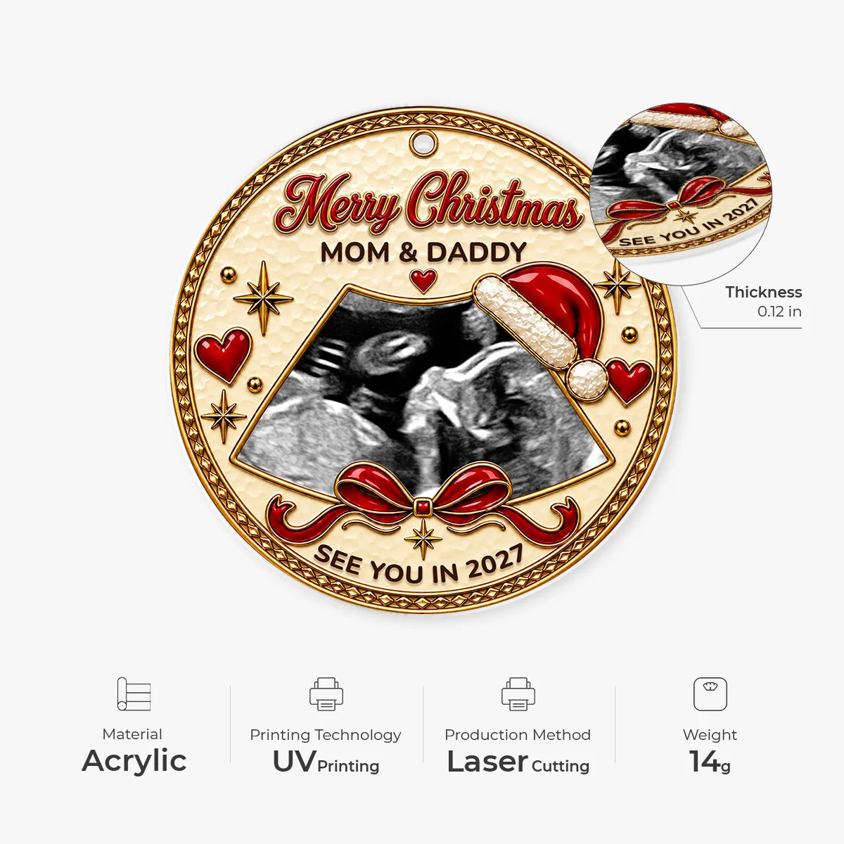 Merry Christmas Baby On The Way - Custom Ultrasound Acrylic Ornament for Expecting Parents