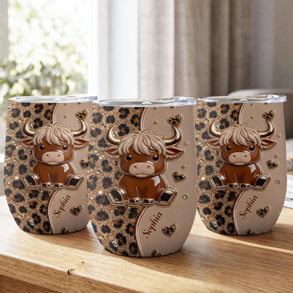 Cute Highland Cow Leopard Hearts Personalized Wine Tumbler - Custom Cow Lovers Birthday Gift