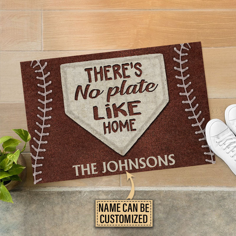 "There's No Plate Like Home" Baseball Doormat - Personalized Custom Family Name Entry Mat for Sports Family