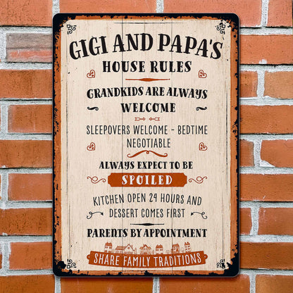 Gigi and Papa's House Rules Grandkids Welcome Personalized Metal Sign - Vintage Grandparent Wall Decor