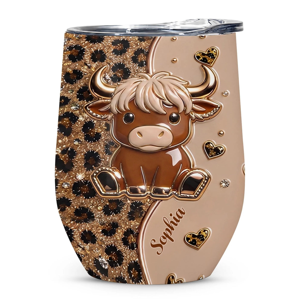 Cute Highland Cow Leopard Hearts Personalized Wine Tumbler - Custom Cow Lovers Birthday Gift