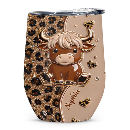 Cute Highland Cow Leopard Hearts Personalized Wine Tumbler - Custom Cow Lovers Birthday Gift