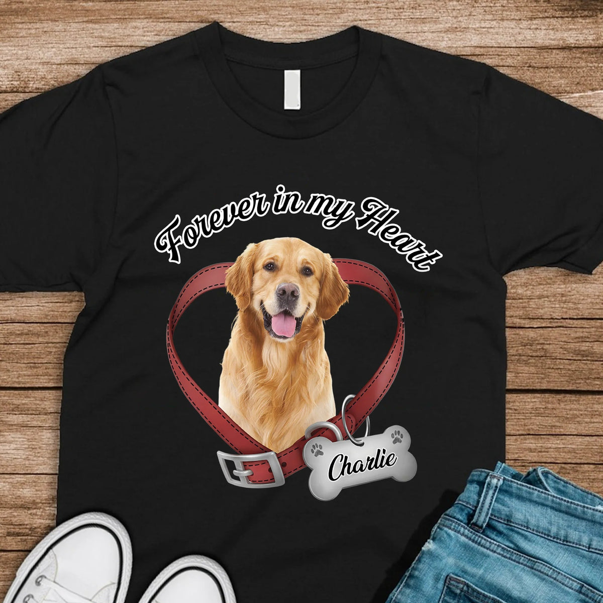 They Left Paw Prints on My Heart — "Forever in My Heart" Custom Pet Photo Memorial T-Shirt, a Loving Tribute to a Cherished Friend
