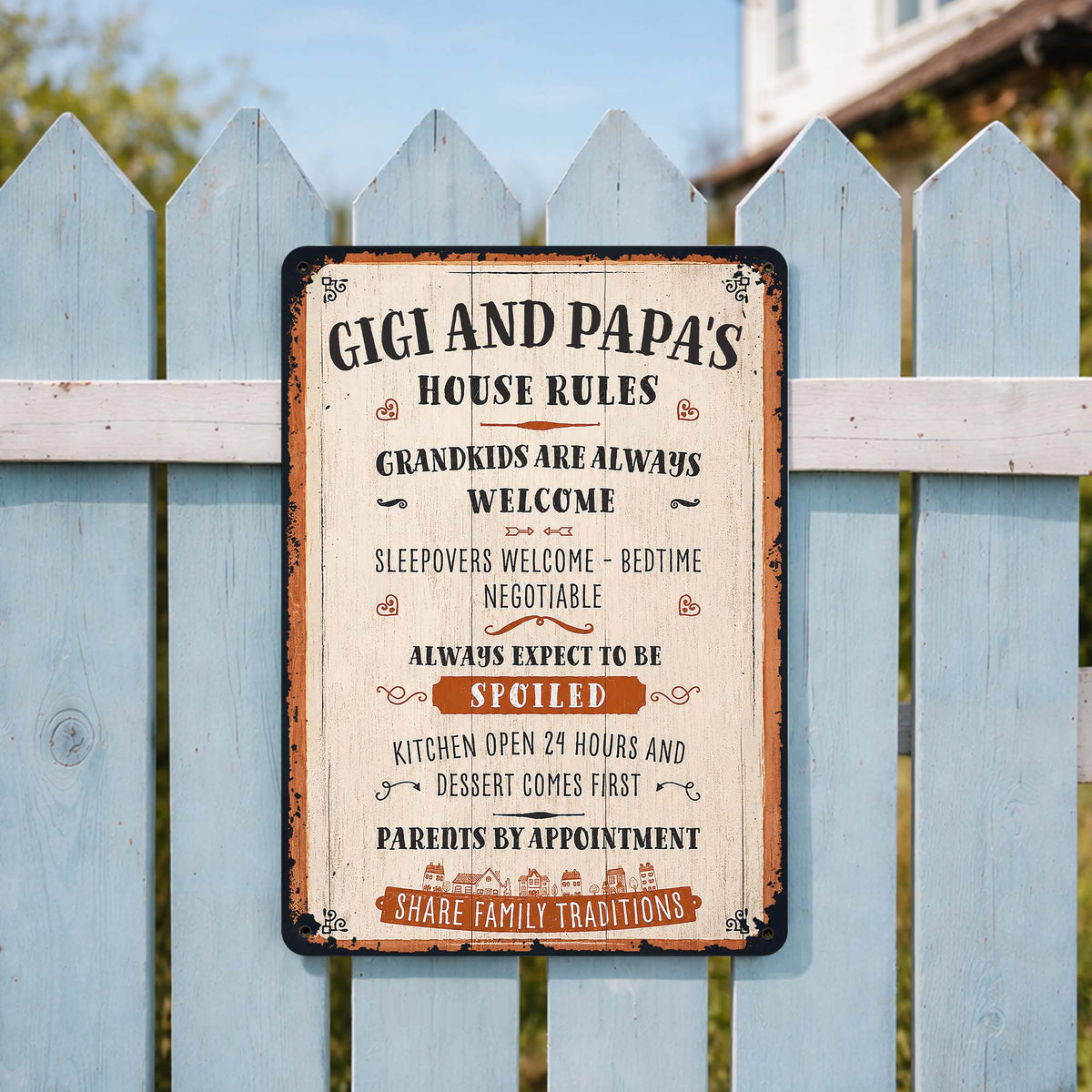 Gigi and Papa's House Rules Grandkids Welcome Personalized Metal Sign - Vintage Grandparent Wall Decor
