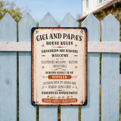 Gigi and Papa's House Rules Grandkids Welcome Personalized Metal Sign - Vintage Grandparent Wall Decor