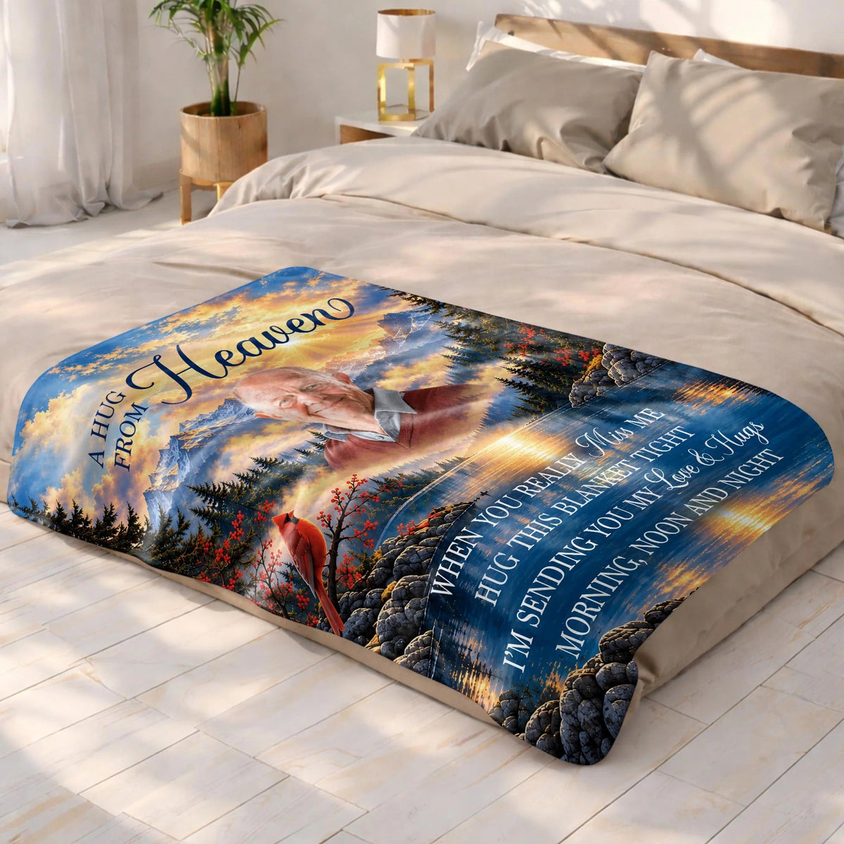 A Hug From Heaven Personalized Photo Memorial Blanket - Custom Cardinal Sympathy Keepsake Gift for Family