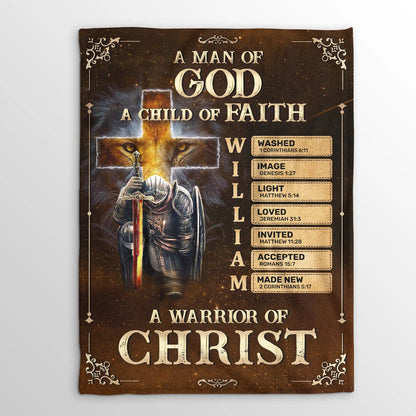 Custom "Man of God Warrior of Christ" Christian Fleece Blanket - Personalized Religious Faith Keepsake Gift