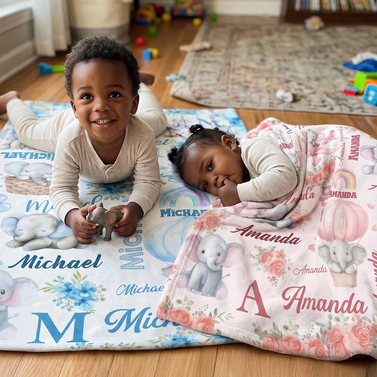 Elephant Love Themed Personalized Baby Blanket, Custom Name Soft Throw Keepsake Gift