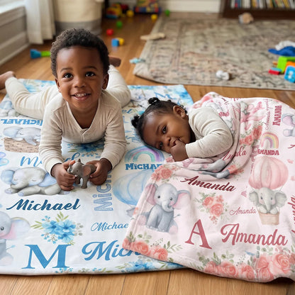 Elephant Love Themed Personalized Baby Blanket, Custom Name Soft Throw Keepsake Gift