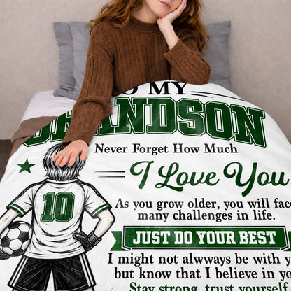 "Never Forget How Much I Love You" Personalized Soccer Blanket for Grandson - Birthday Gift from Grandma