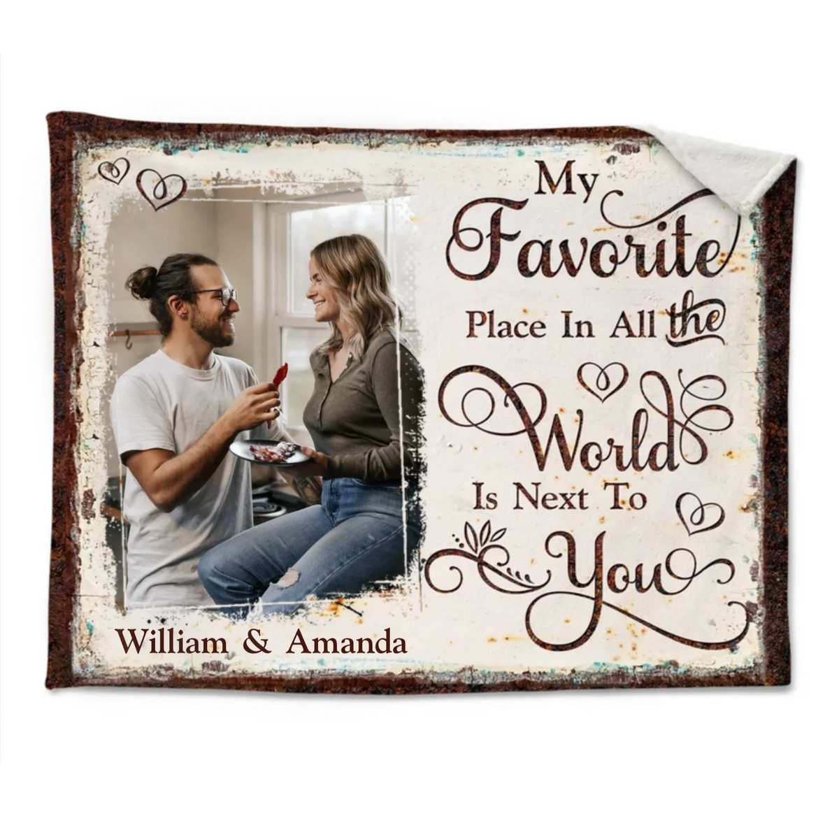 Personalized Couple Throw Blanket With Quote "My Favorite Place In All The World Is Next To You", Anniversary Gift for Boyfriend & Girlfriend