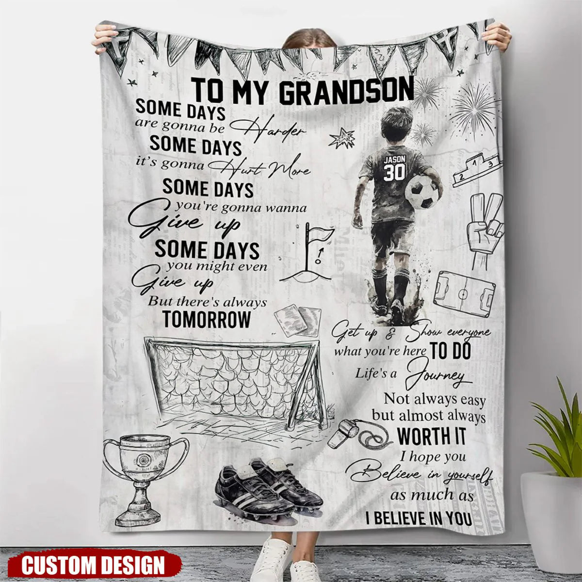 Personalized Soccer Blanket for Boys - Custom Name and Number Gift for Son or Grandson