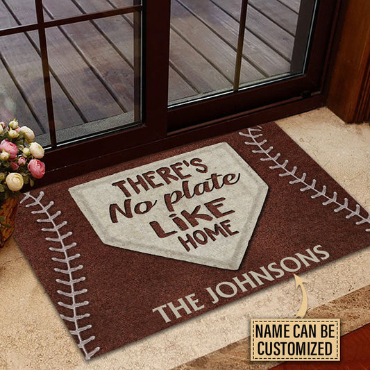 "There's No Plate Like Home" Personalized Baseball Doormat - Custom Family Name Welcome Mat for Sports Fans