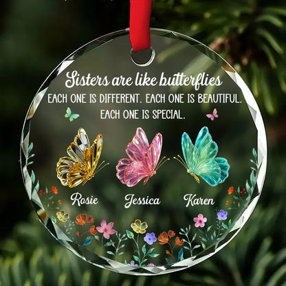 Sisters Bloom in Their Own Way, Personalized Glass Ornament, Custom Name Keepsake for Sisters & Best Friends