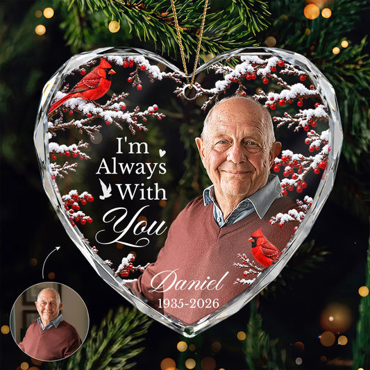 Forever in Our Hearts, Always by Our Side – Personalized Memorial Photo Glass Ornament, Custom Name & Dates Heart Keepsake