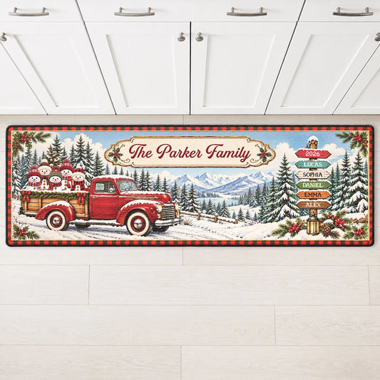 Red Christmas Truck Custom Runner Rug - Personalized Family Name Holiday Kitchen Floor Mat