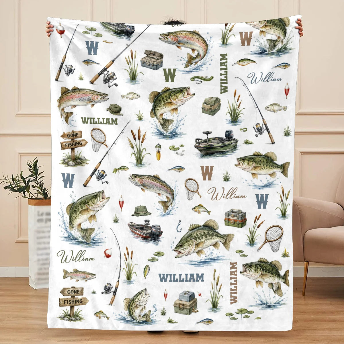 "Gone Fishing" Personalized Baby Blanket - Custom Name Throw for Little Angler Gift