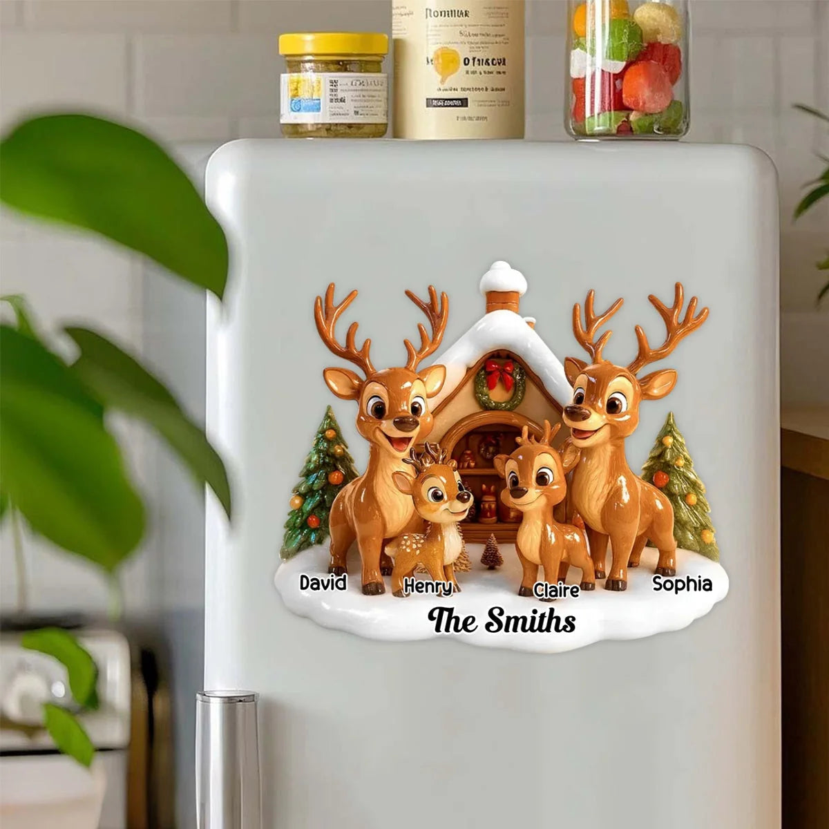 Personalized Reindeer Family Sticker Decal, Gathered at a Snowy Cottage, Unique Christmas Gift for Grandparents