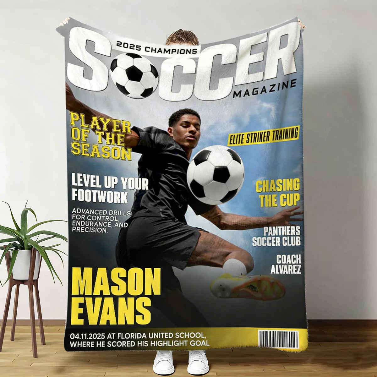 Personalized Soccer Magazine Cover Blanket - Custom Sports Player Photo Gift