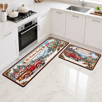 Red Christmas Truck Custom Runner Rug - Personalized Family Name Holiday Kitchen Floor Mat