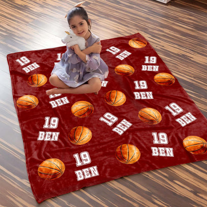 Custom Name & Number Basketball Fleece Blanket - Sports Personalized Gift for Kids